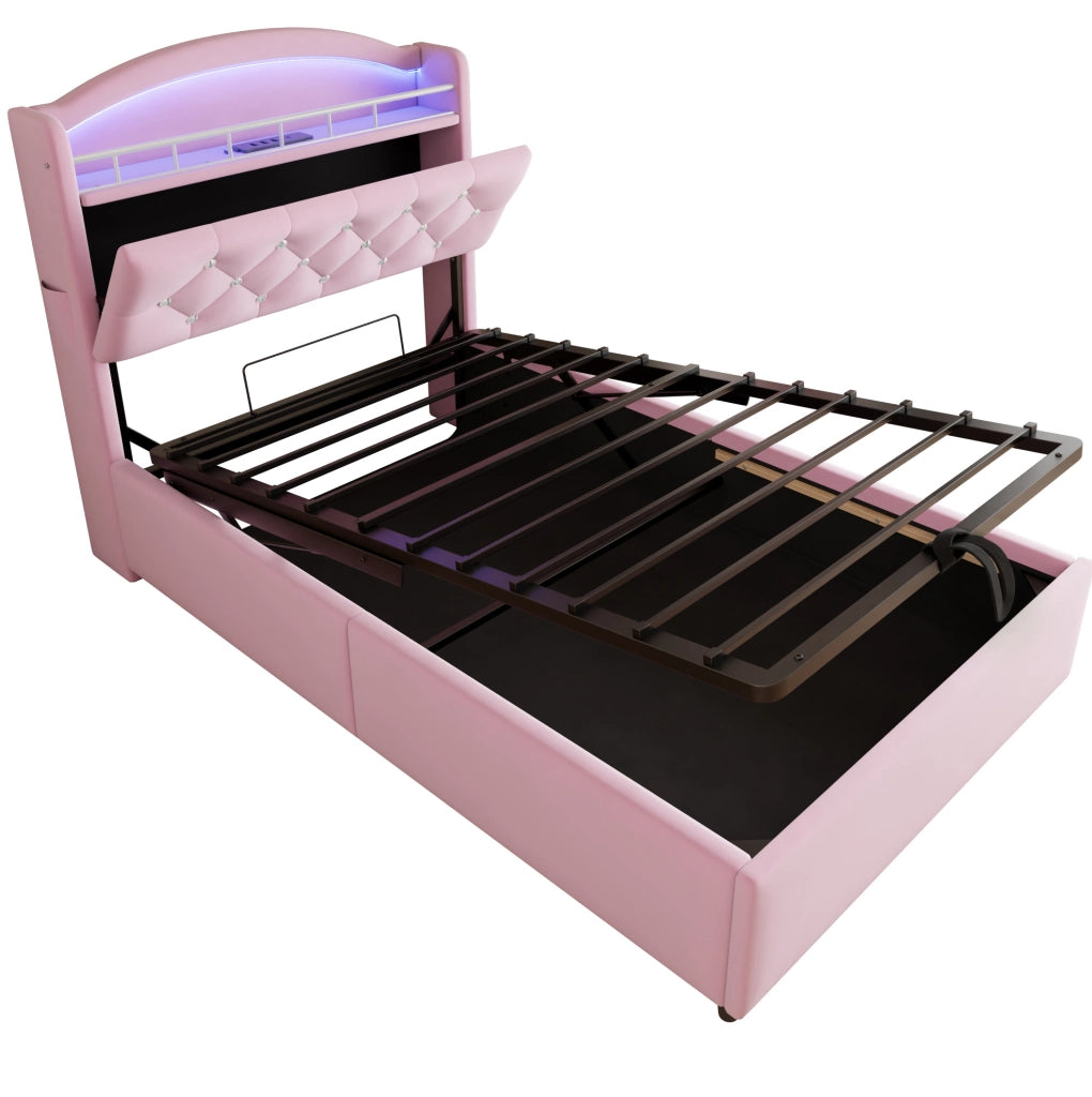 Letto imbottito per bambini con contenitore; LED; 3 USB e Type-C; per materasso 90x200 cm; rosa