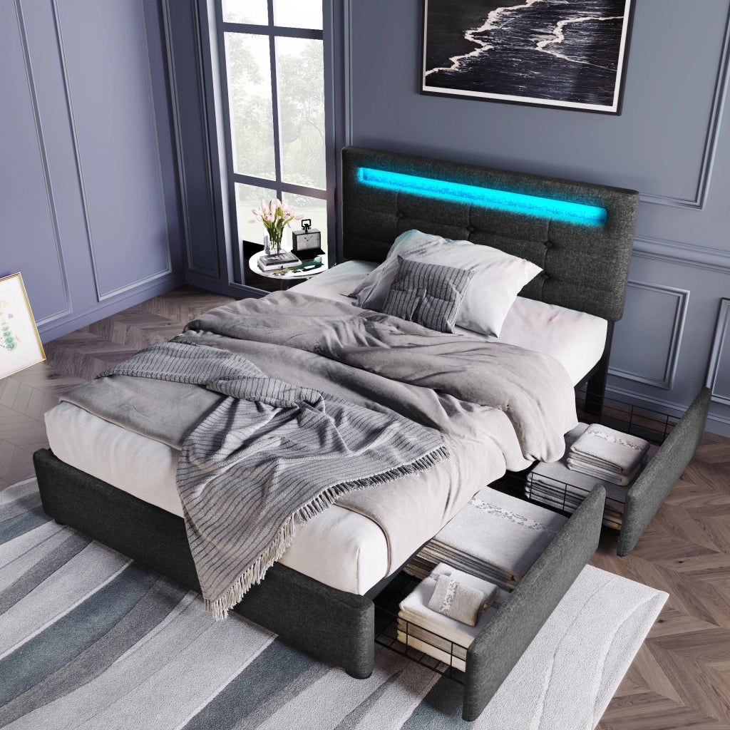 Letto singolo imbottito – 90x200 cm – LED 2 cassetti testiera regolabile – legno grigio