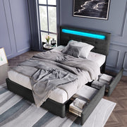 Letto singolo imbottito – 90x200 cm – LED 2 cassetti testiera regolabile – legno grigio