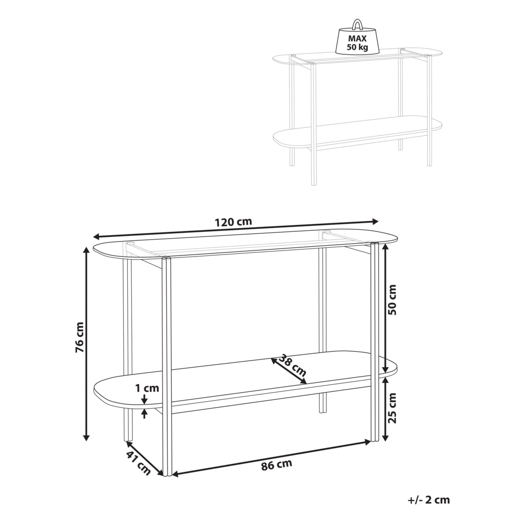 Tavolo console con piano in vetro temperato e struttura in metallo 1 ripiano in legno chiaro e oro stile moderno