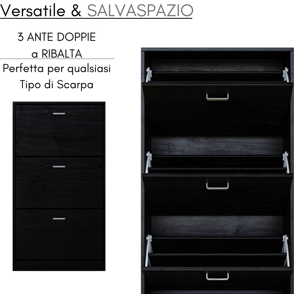 Scarpiera Salvaspazio 3 Ante a Ribalta 63x24x115 cm in Melaminico Venato a Rilievo Nero