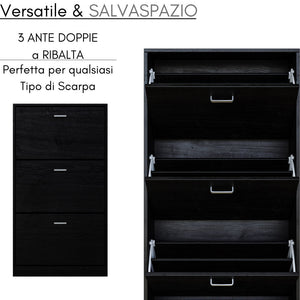 Scarpiera Salvaspazio 3 Ante a Ribalta 63x24x115 cm in Melaminico Venato a Rilievo Nero