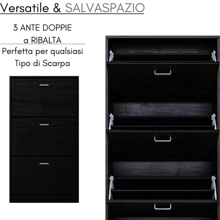 Scarpiera Salvaspazio 3 Ante a Ribalta 63x24x115 cm in Melaminico Venato a Rilievo Nero