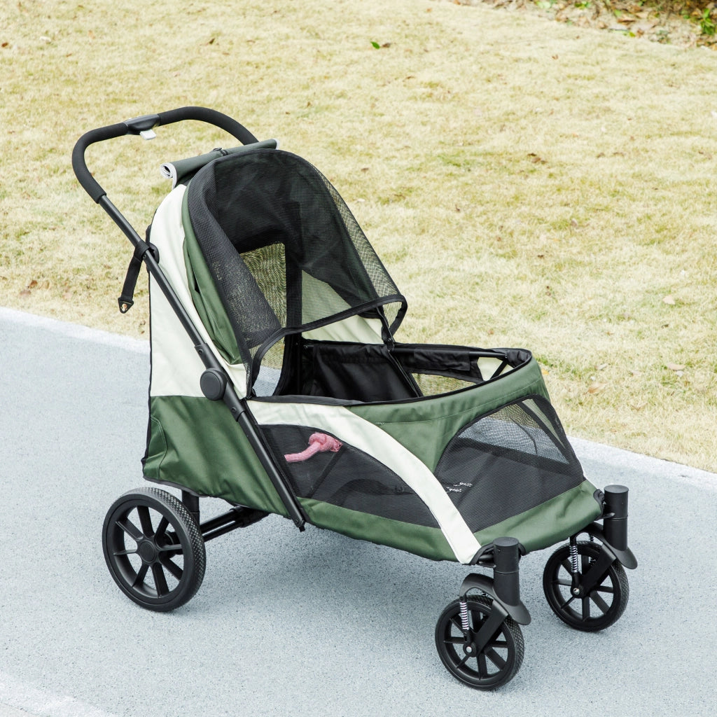 Carrello pieghevole con chiusura a un clic e ruote rimovibili per cani e gatti fino a 30 kg, poliestere, verde scuro