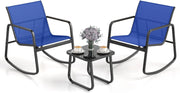 Set Bistrò 3 Pezzi, Sedie a Dondolo Ergonomiche in Textilene, Tavolino in Vetro Temperato, Struttura in Metallo, per Balcone, Giardino e Terrazzo (Blu)