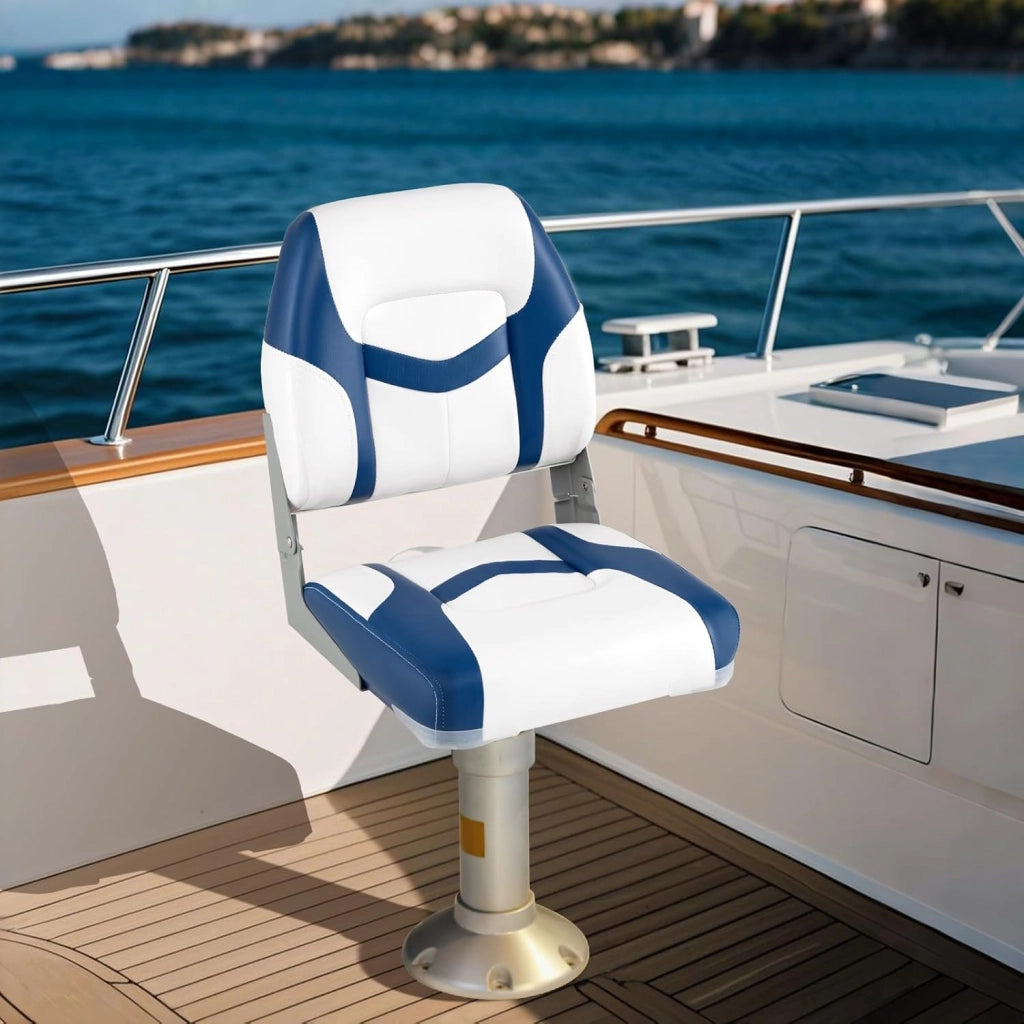 Set di 2 Sedie da Barca, Sedili Alti da Barca Pieghevole Morbide Imbottite Spesse, Sedile Nautica Ergonomico per Imbarcazioni da Pesca, 42 x 49 x 51 cm, Blu e Bianco