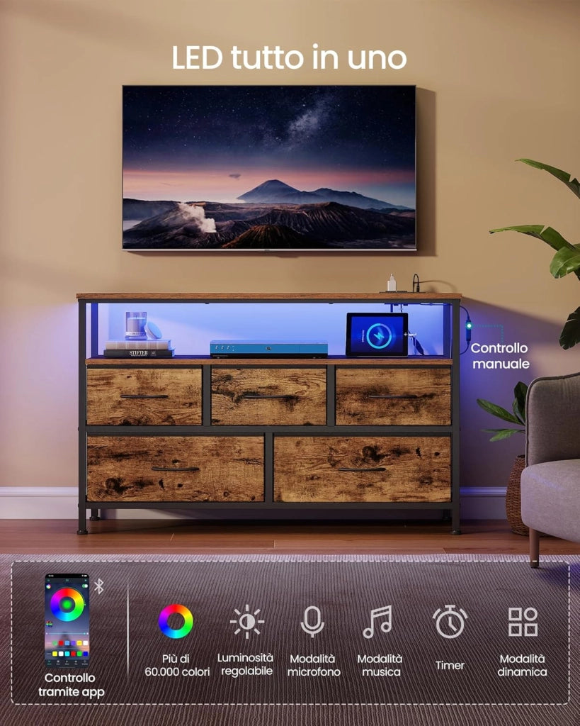 SONGMICS BELLAH Collezione - Cassettiera con LED Regolabile Controllato da APP, Mobile con Prese, 1 Ripiano, 5 Cassetti, Industriale, Marrone Vintage e Nero Inchiostro LGS723KD01