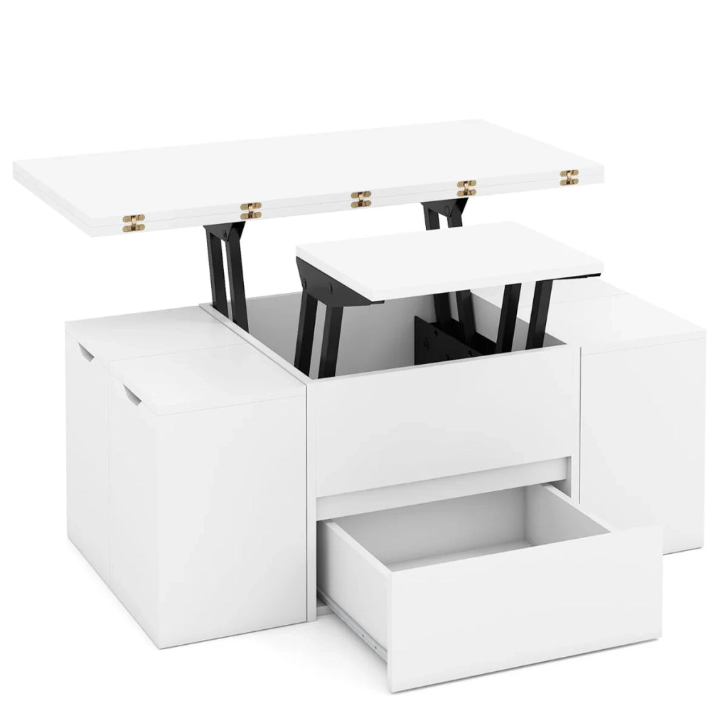 Tavolino da caffè sollevabile 100 x 50 x 44 cm con spazio sotto il piano e 4 sgabelli di design per soggiorno in legno ingegnerizzato bianco 20_0020600