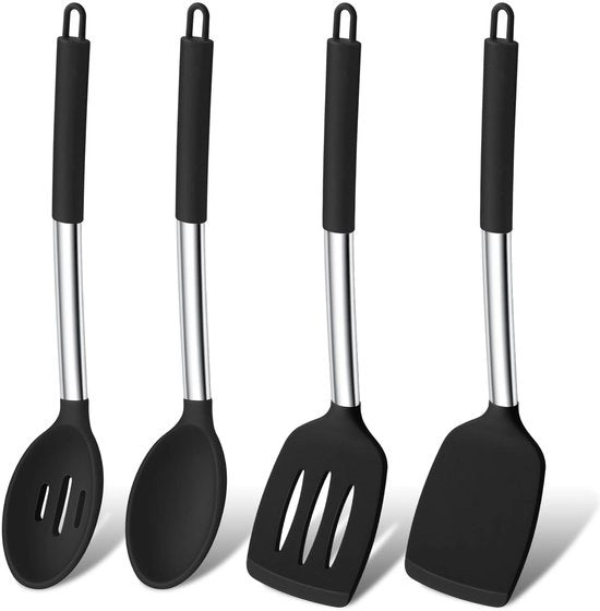 Set di 4 Spatole e Cucchiai in Silicone Resistente al Calore con Manico in Acciaio Inossidabile