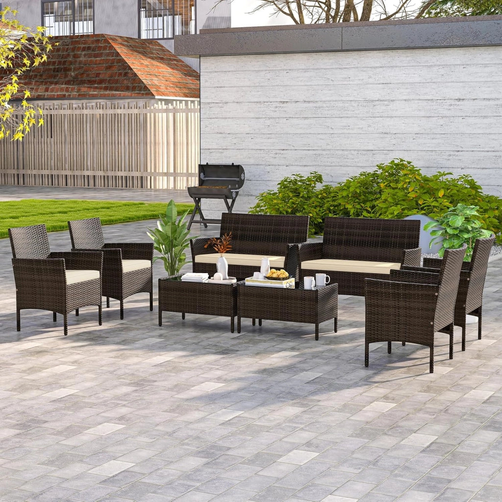 Salotto da Giardino Esterno 4 Pezzi, Set Giardino Esterno con Divanetto, 2 Poltrone e Tavolino da Caffè in Vetro Temperato, Salotto da Patio con Cuscini per Balcone, Veranda (Marrone+Beige)