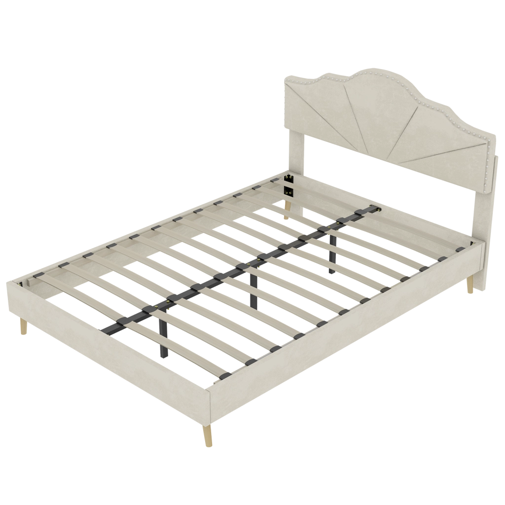 Letto imbottito con testiera geometrica 160 x 200 cm; rivestimento beige