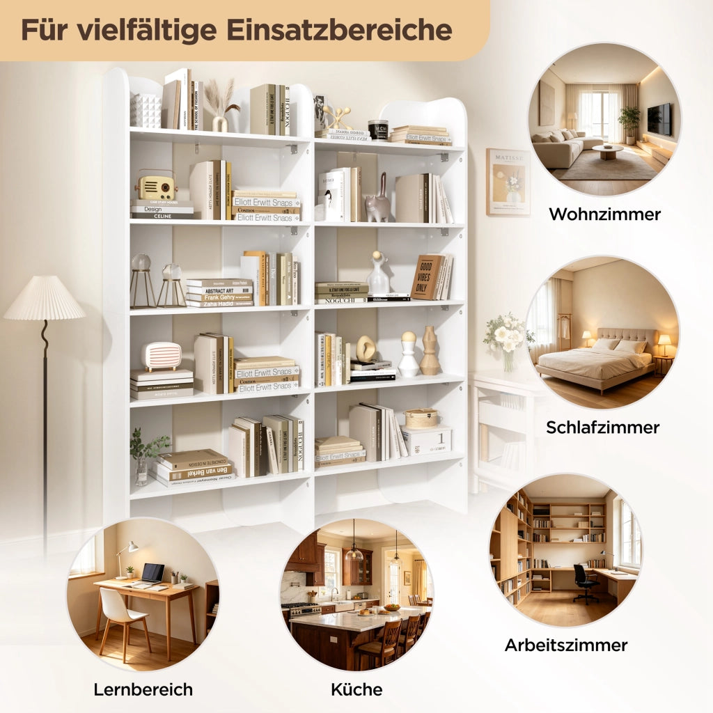 Libreria aperta con 5 ripiani e divisori centrali, per soggiorno e ufficio, in pannelli di particelle bianco, 135 × 25 × 160 cm