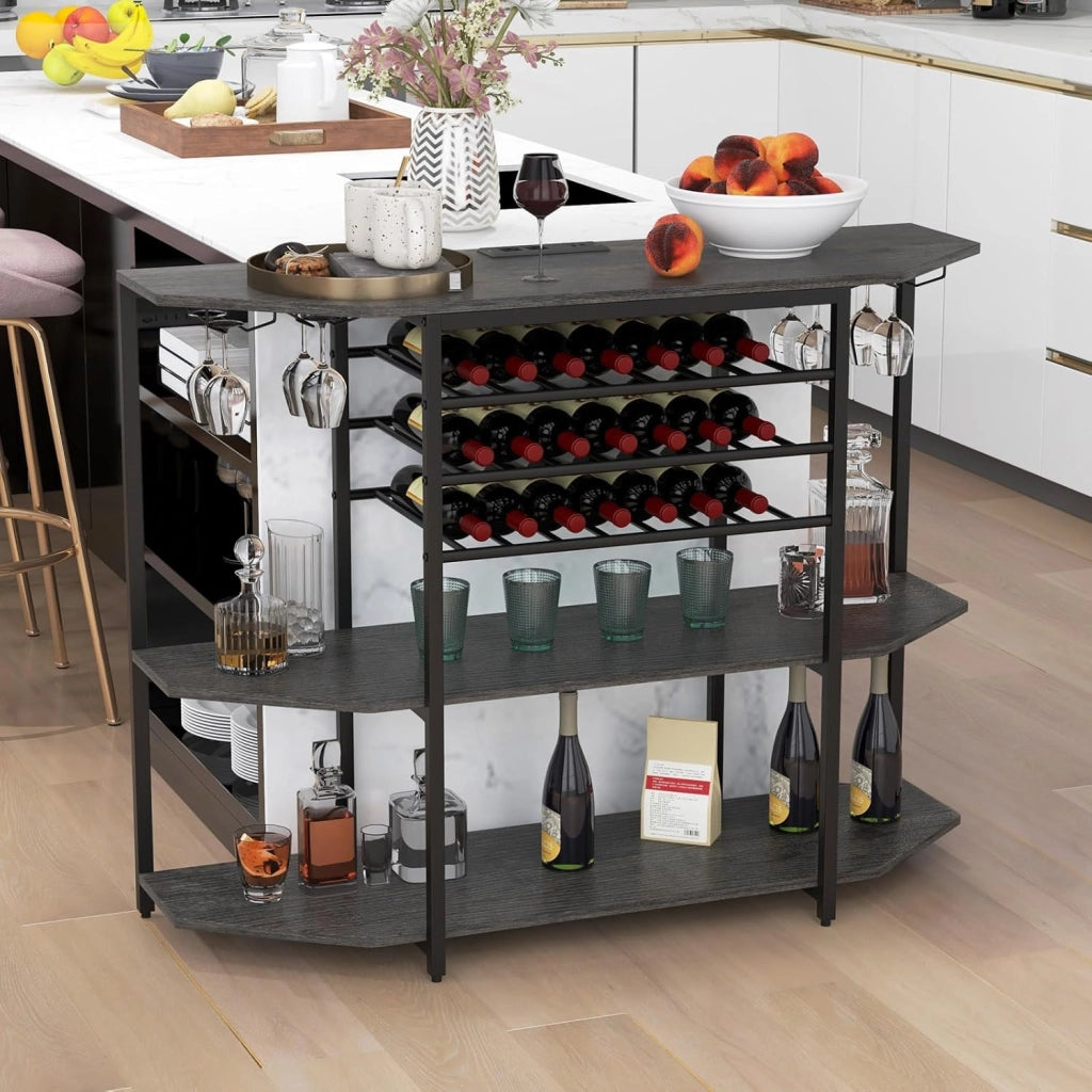 Credenza con portabottiglie per 21 bottiglie, Tavolo da cucina stretto con 2 porte USB e 2 prese, Portabottiglie a 3 livelli con portabicchieri, Tavolo portavino industriale Armadietto per
