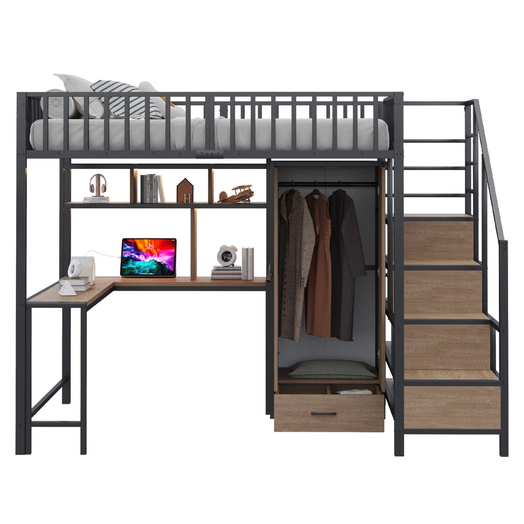 OKWISH Letto a soppalco 140×200 cm, Letto Matrimoniale con Scrivania, Armadio, Mensole, Cassetti, LED Regolabile e USB, senza Materasso, Nero