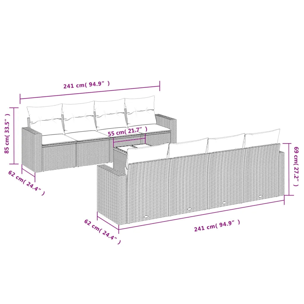 Set Divano da Giardino 9 pz con Cuscini Beige in Polyrattan 3218739