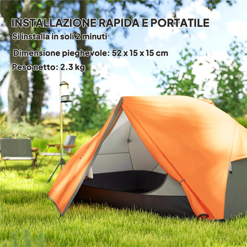 TENDA DA CAMPEGGIO 2 POSTI CON 2 VESTIBOLI 2 PORTE 2 FINESTRE E BORSA DI TRASPORTO 2.8X2.25X1.1 CM ARANCIONE
