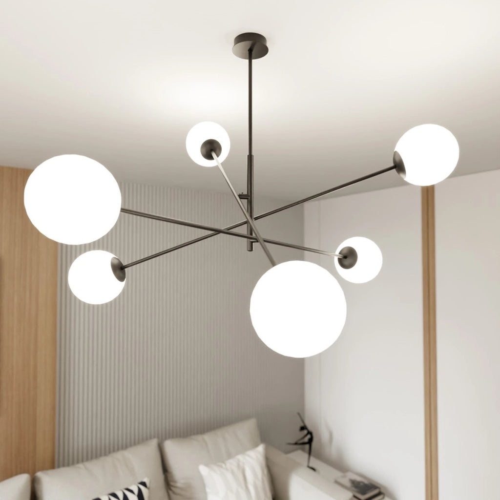 Lampada a sospensione Linear in acciaio nero opaco e vetro opalino