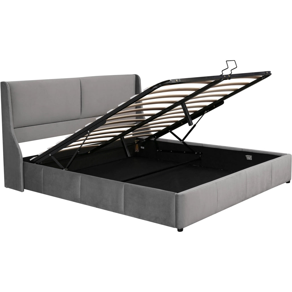Letti contenitori 160x200 cm con contenitore; testiera a orecchie; velluto grigio (Senza materasso)