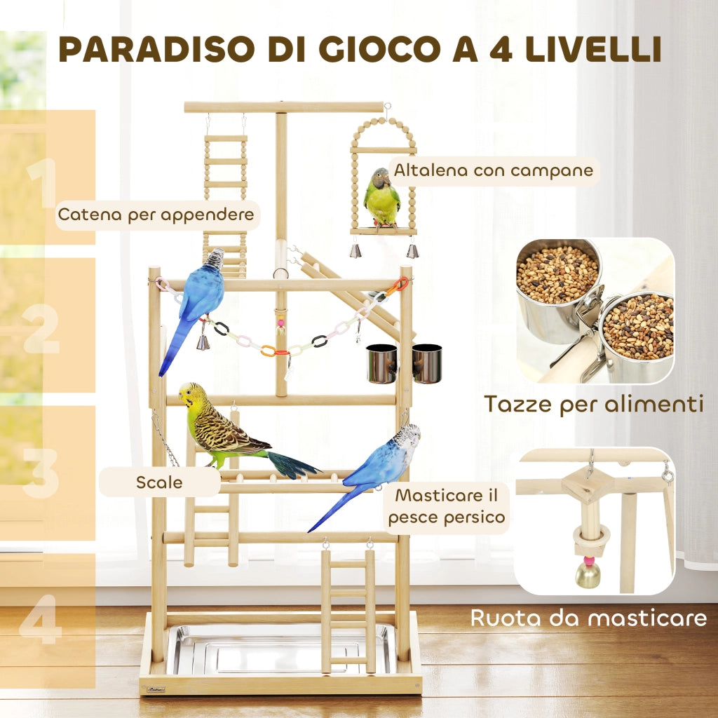 Trespolo per Pappagalli con Giochi ¨C zephmum ¨C Legno Naturale