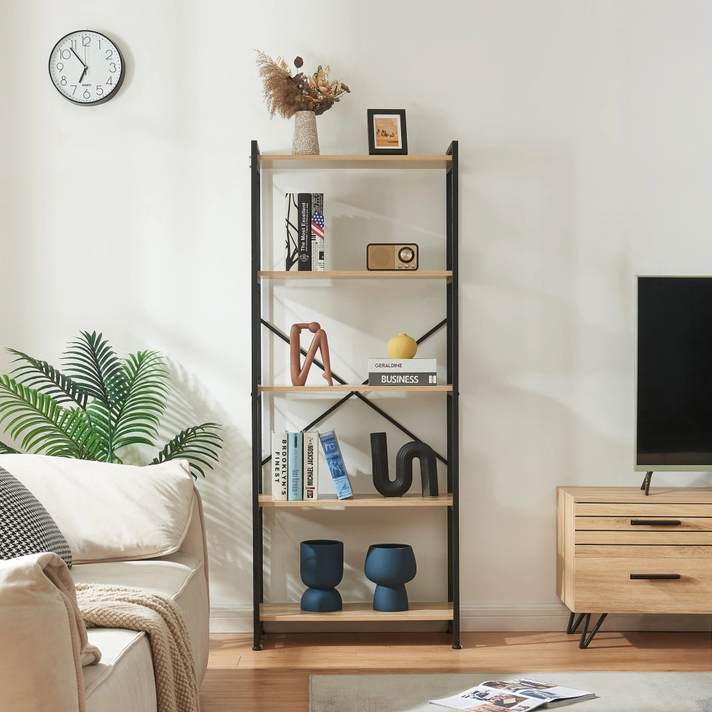 Libreria Skørping a 5 Ripiani Scaffale da Terra 160 x 65 x 30 cm - Nero / Effetto Rovere [en.casa]