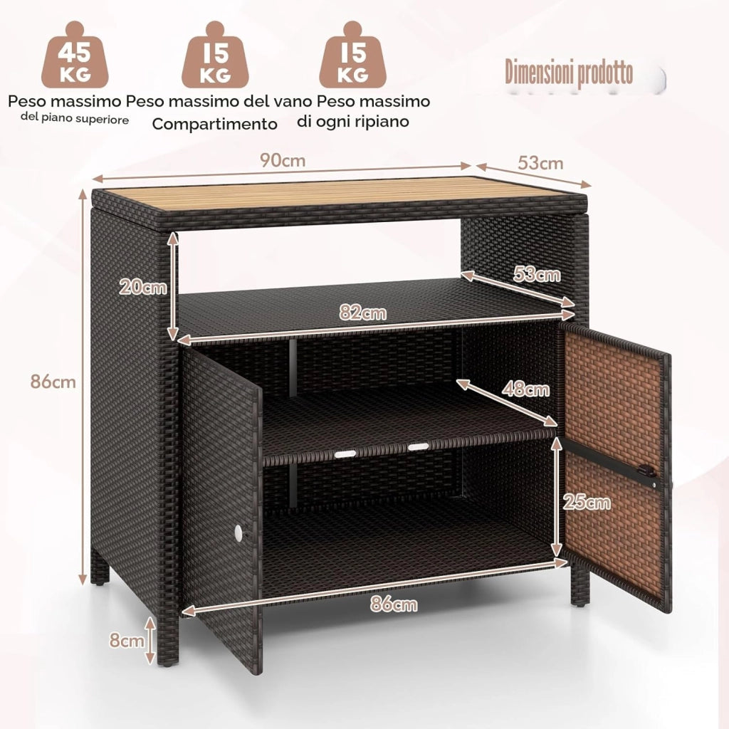 Armadio da Esterno Impermeabile in Rattan, Armadietto Basso con Piano di Lavoro in Legno e Ripiano Aperto, Credenza da Cucina, Balcone, Giardino, Corridoio, 90 x 53 x 86 cm (Marrone)