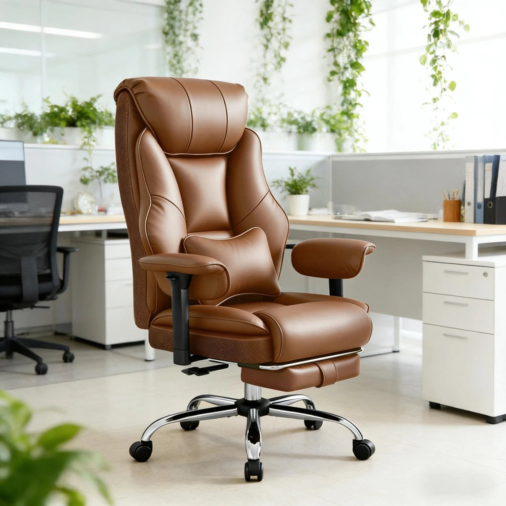 Sedia da ufficio ergonomica girevole in PU con supporto lombare regolabile e braccioli regolabili marrone