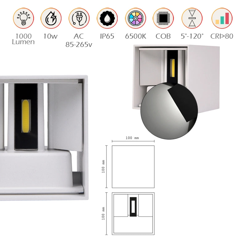 APPLIQUE LED CUBO BIANCO 10W CON LUCE FREDDA 6500K° - ILLUMINAZIONE REGOLABILE PERFETTA PER AMBIENTI ESTERNI IP65