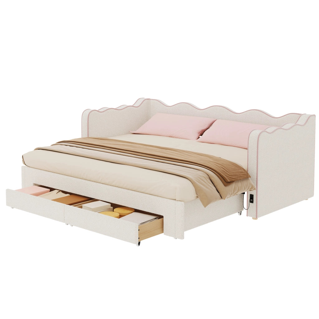 Letto daybed estraibile 90x200 cm con cassetti; USB e Type-C; bouclé beige