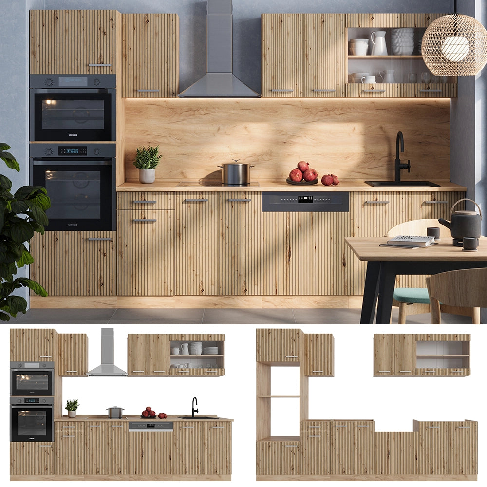 Vicco Cucina componibile Rovere artigianale/rovere Goldkraft 300 cm con armadio alto, PL Marmo