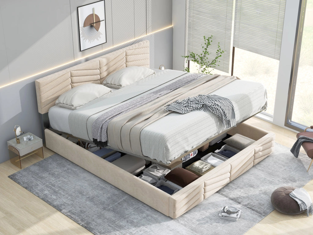 DESMIU Letto Matrimoniale 140 × 200 cm 2 Posti con Testiera Regolabile, Senza Materasso, in Velluto Beige