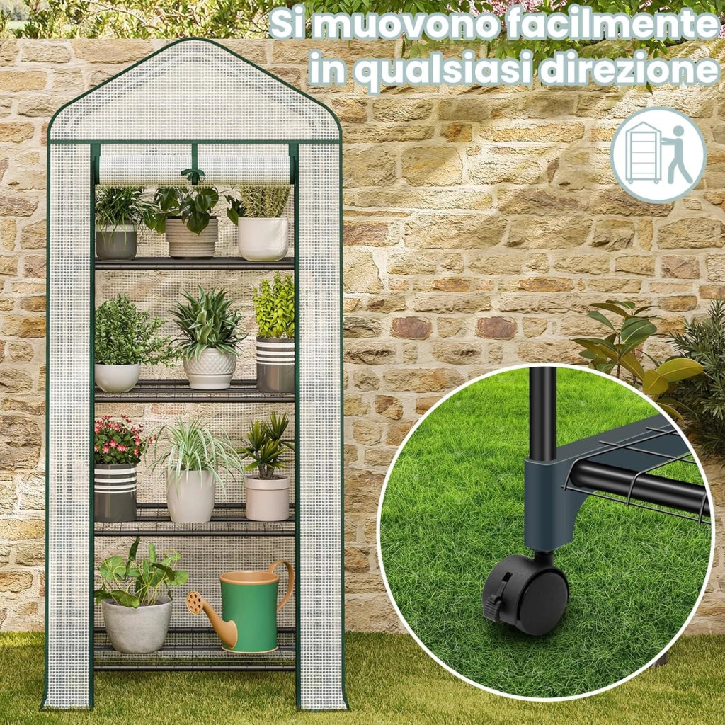 Serra da Giardino, con Ruote, Serra da Balcone, 70x50x162 cm, Copertura in PE 140 g/m², Porta a Zip Avvolgibile, per Svernamento con 3/4 Ripiani, per Interni ed Esterni, Bianco