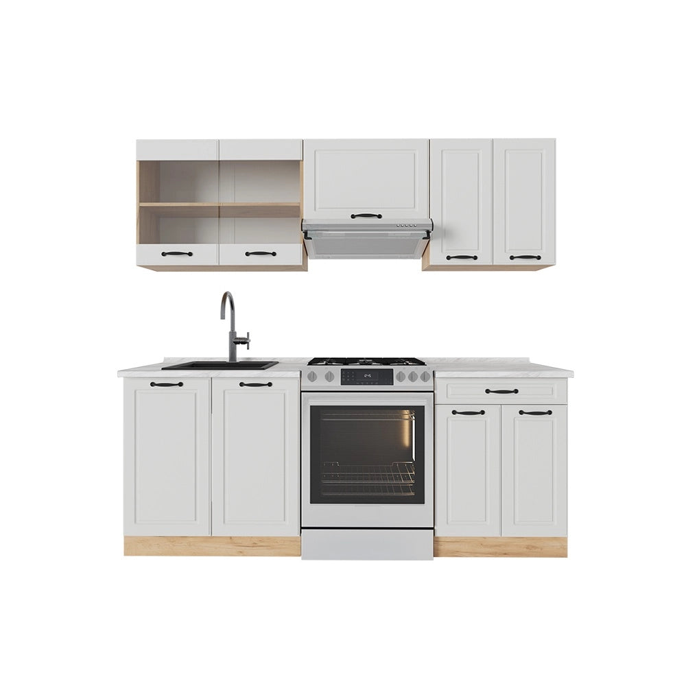 Cucina componibile R-Line Bianco rustico/Rovere dorato 200 cm, PL Marmo Vicco