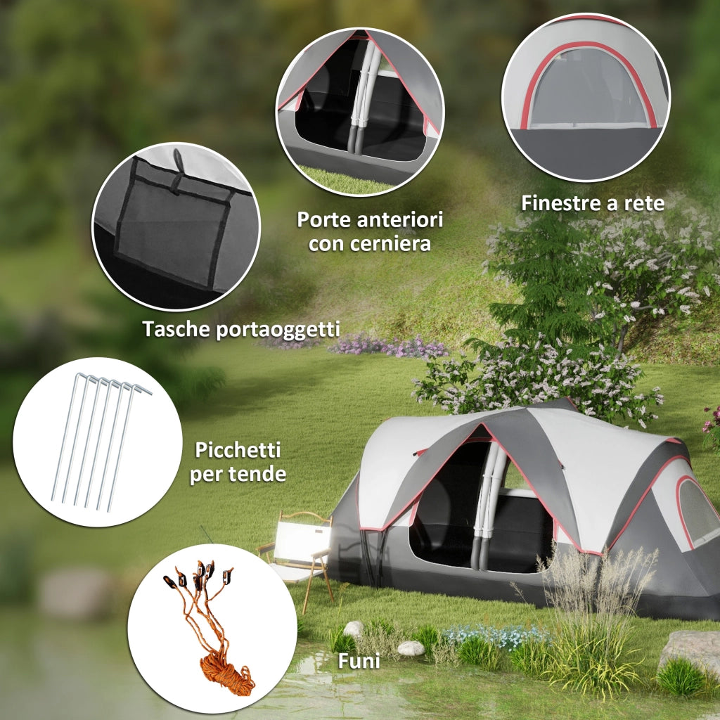 Tenda da Campeggio 450x215x180 cm 6 Posti con 2 Stanze Separate Grigio