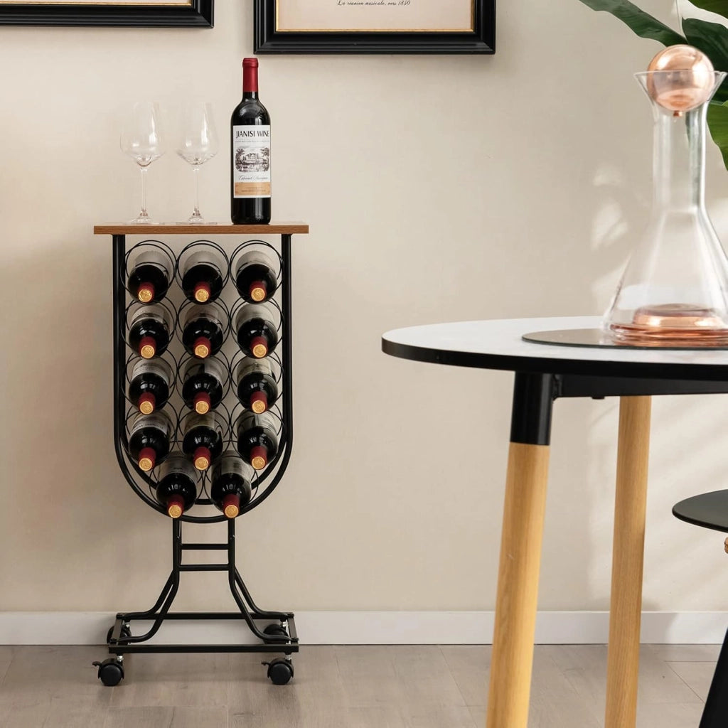 Portabottiglie per Vino con Ruote Staccabili e Bloccabili, Cantinetta Vino Stile Rustico per 14 Bottiglie, con Piano in Legno e Struttura in Metallo, Mobile Bar per Soggiorno e Cucina