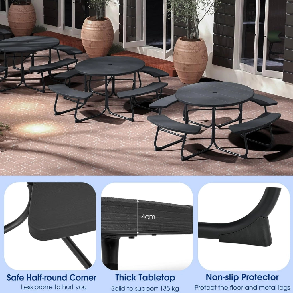 Set di Tavolo da Picnic Rotondo per 8 Persone, Set di Sedie e Tavolo con Foro per Ombrellone, Mobili da Giardino con 4 Panche, in HDPE e Metallo, φ190 x 76 cm (Nero)