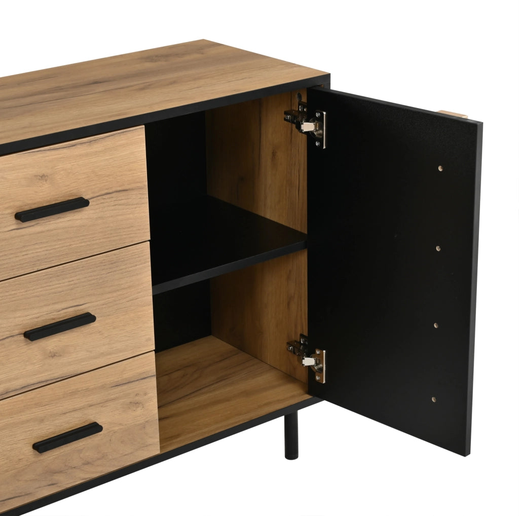 Credenza in MDF 140x35x70 cm con 3 ante; 3 cassetti e 6 gambe in metallo; nera