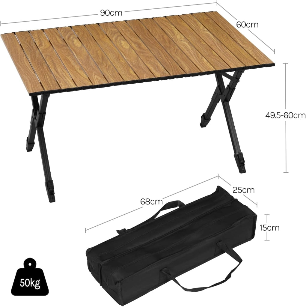 Tavolo da Campeggio Pieghevole Leggero, Tavolo da Esterno Portatile, Altezza Regolabile, Tavolo da Giardino con Piano Arrotolabile in Alluminio, Borsa Portaoggetti, Carico 50kg, Rovere Chiaro