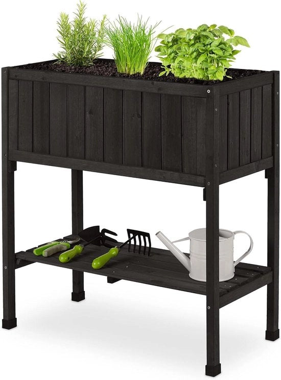 contenitore per orto su ruote con copertura e spazio di stoccaggio - 80 x 74 x 38 cm - legno di rovere nero per giardino, balcone e terrazza