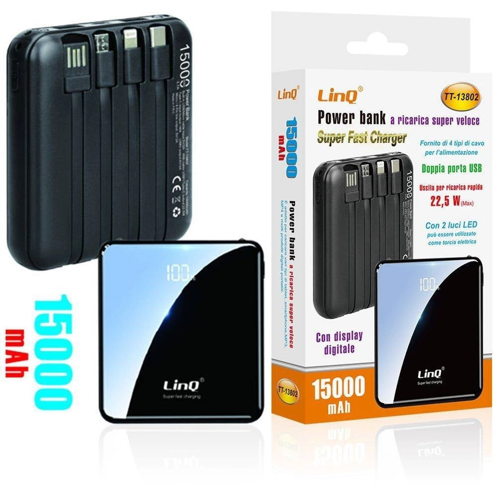 Trade Shop - Power Bank Con Ricarica Super Veloce 22.5w 15000mah Display Lcd 4 Cavi Tt-13802 -