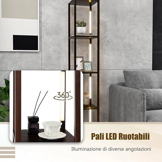 Lampada da Terra con Mensola, Lampadine LED Dimmerabili a 3 Livelli e Poli LED Ruotabili, Piantana Lampada da Terra per Soggiorno, Studio e Camera da Letto (Marrone)