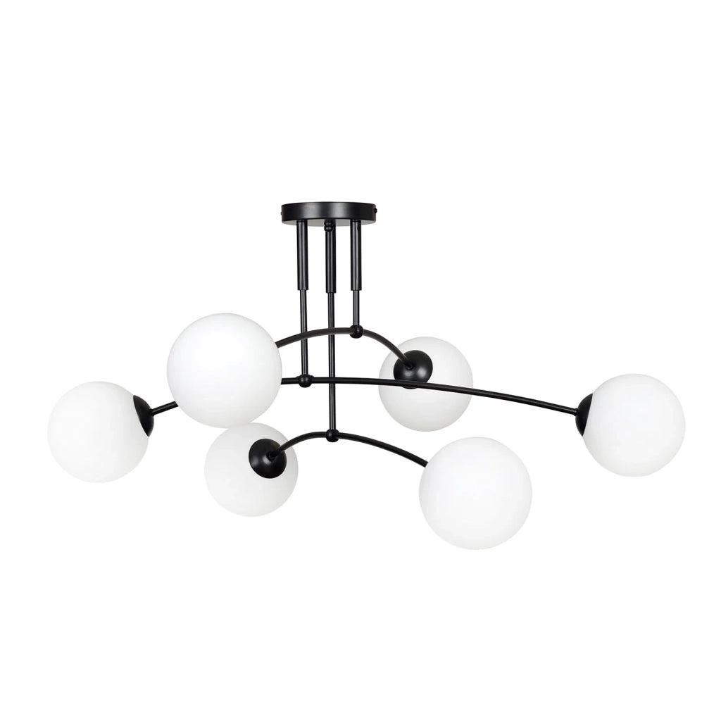 Plafoniera Moderna 6 Luci Susanoo In Acciaio Nero E Vetri A Sfera In Bianco