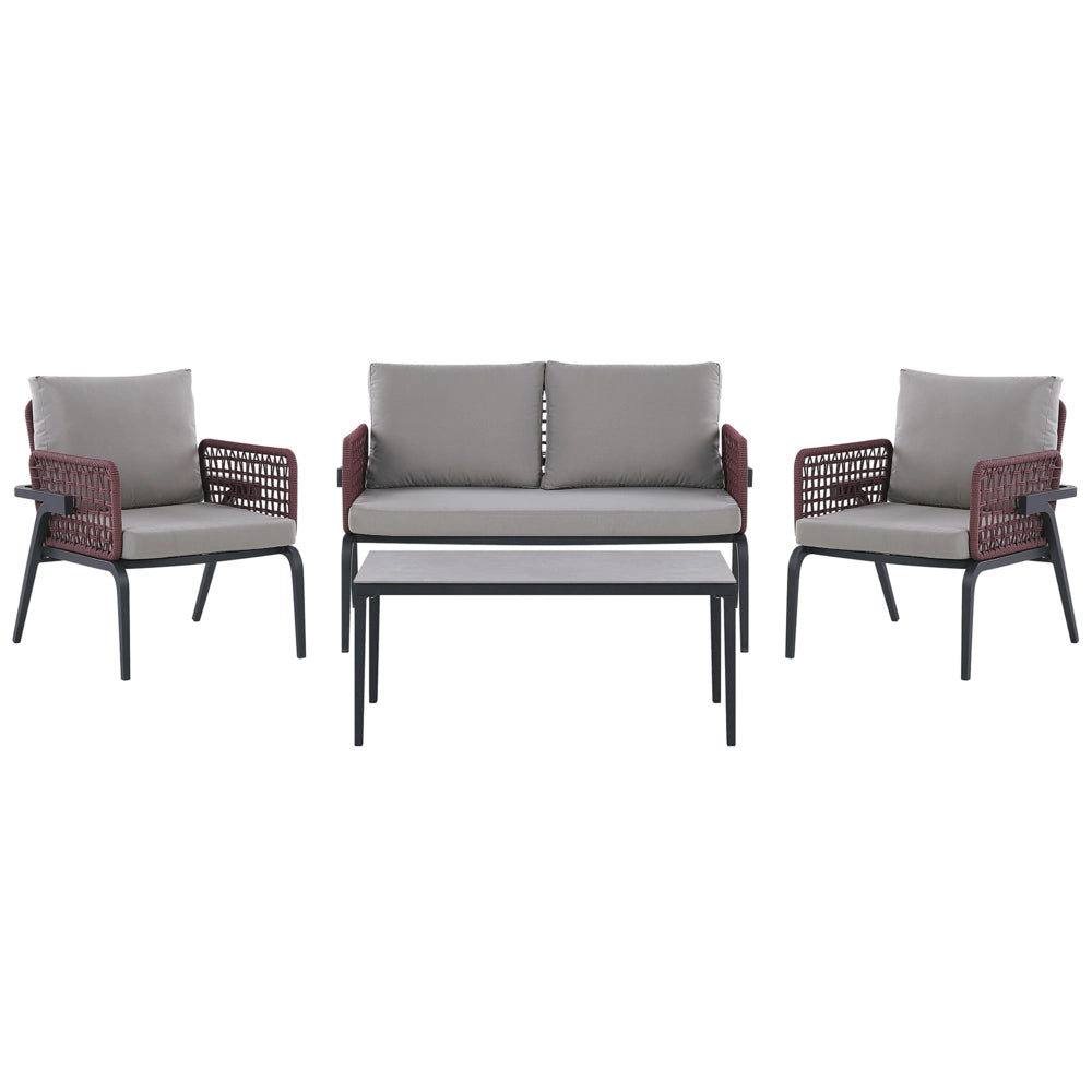 Set Divano da Esterno Grigio per 4 Persone Struttura in Alluminio Divano Poltrone con Cuscini in Tessuto Tavolino Design Moderno