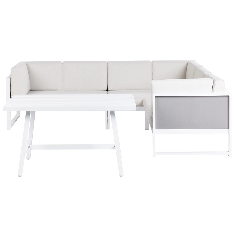 Set da salotto da giardino con tavolino bianco in alluminio bianco sporco con cuscini e tavolino stile moderno esterno