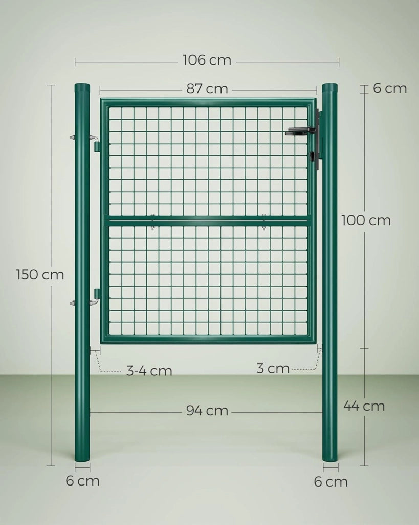 SONGMICS Cancello da Giardino, Cancelletto da Giardino, Acciaio Zincato con Serratura, Porta di 106 x 100 cm (L x H), Tubo Tondo, Cancello per Recinzione, Verde GGD150G01