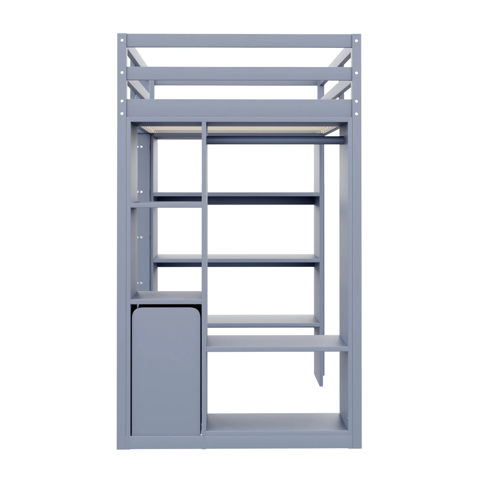 Letto a soppalco singolo 90×200 cm con ripiani; appendiabiti e carrello estraibile; senza materasso; legno; grigio