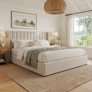 Letto matrimoniale con contenitore e alzata idraulica 140x200 cm in lino beige