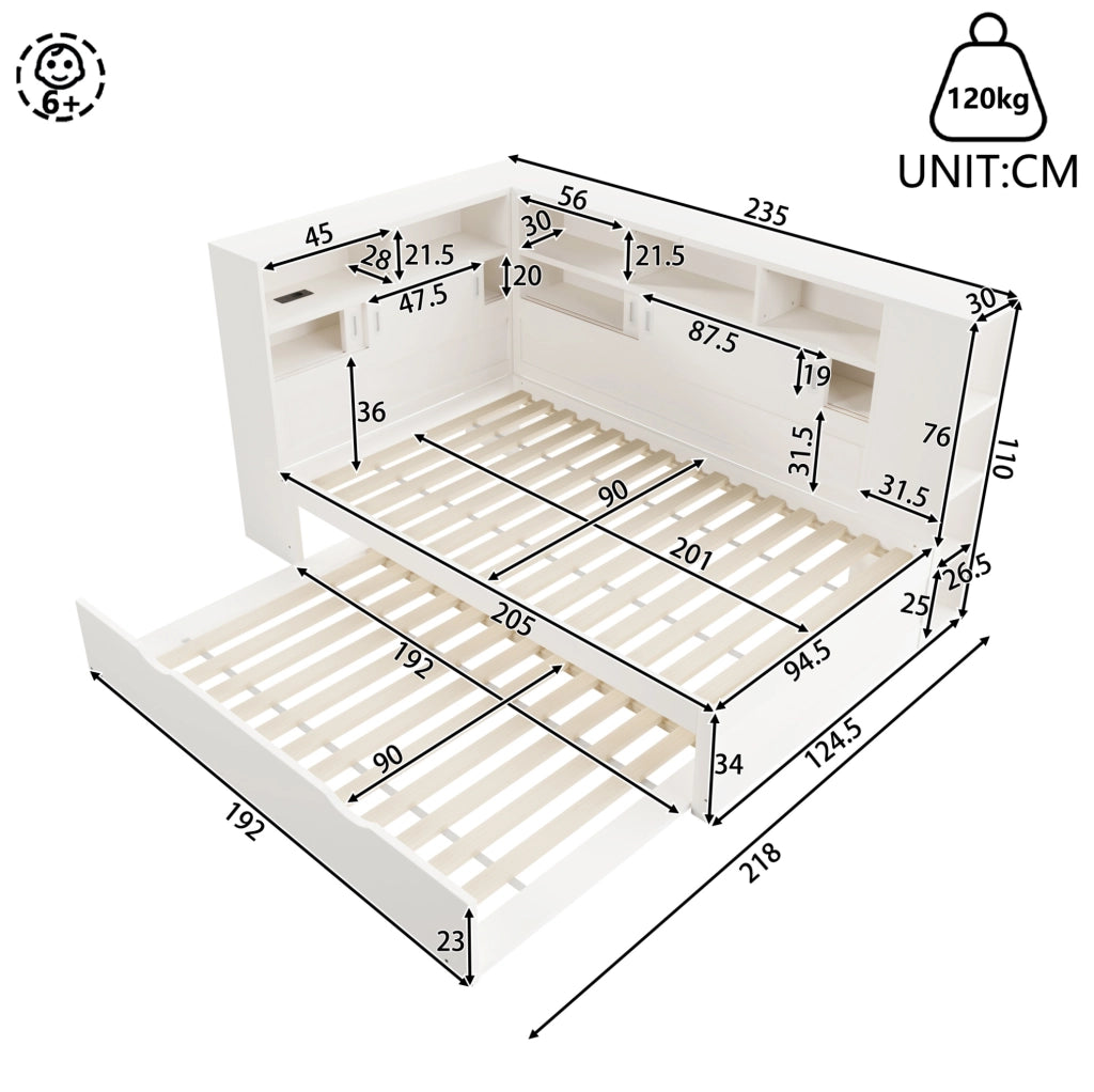 Letto piattaforma per bambini con letto estraibile, spazio contenitore e USB, Bianco