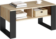 Tavolino da Salotto/Divano con 2 Scomparti Aperti, Tavolino Basso, Tavolo Laterale per Soggiorno, Camera da Letto, in Legno, Marrone Rustico + Nero, 90x45x45 cm, BTS16hov