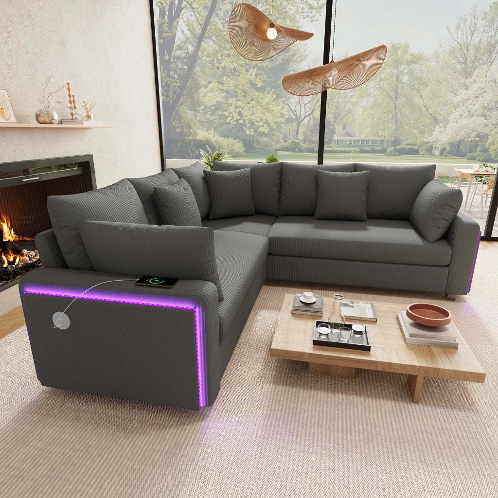 Divano angolare L 198x198 cm in corduroy grigio con LED; USB e USB-C