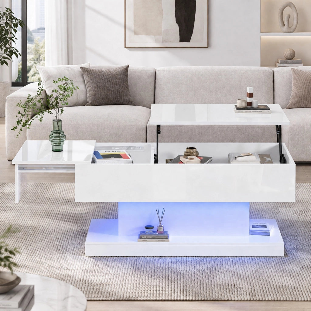 Tavolino da caff猫 con LED; piano sollevabile idraulico e scorrevole; 100x50x45 cm; bianco